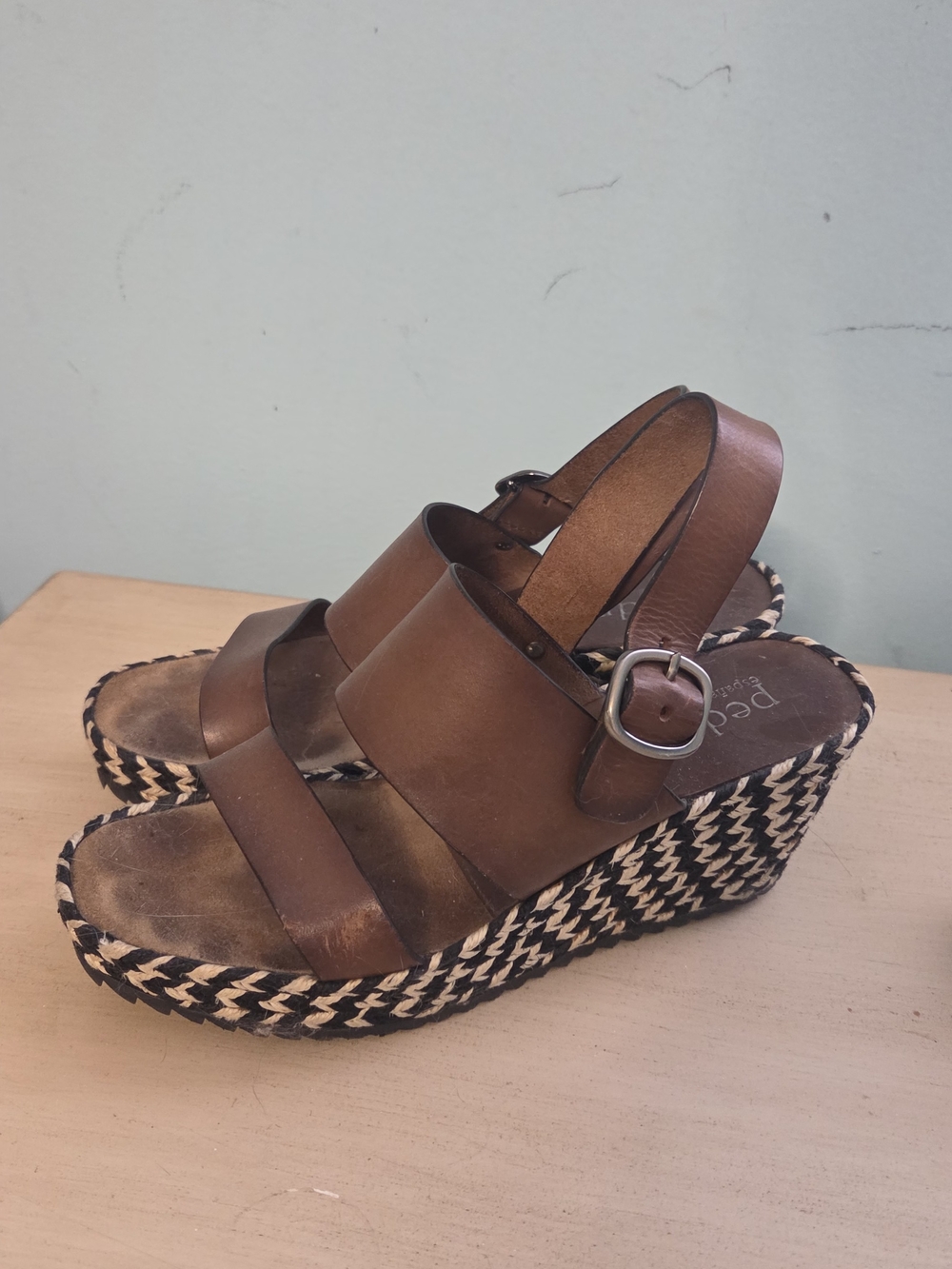 Pedro Garcia Brown Leather Woven Espadrille Wedge Sandals